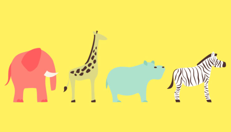 Tecknad bild djur på rad. Elefant, giraff, flodhäst och zebra